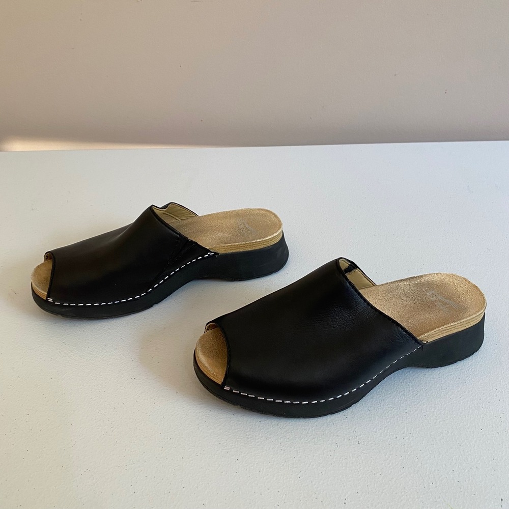 Dansko Womens Black Leather Ravyn Peep Toe Sandals Mules Size 36 Stitch Platform